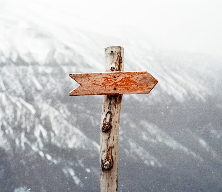 A wooden arrow signpost points the way amidst a snowy mountain landscape